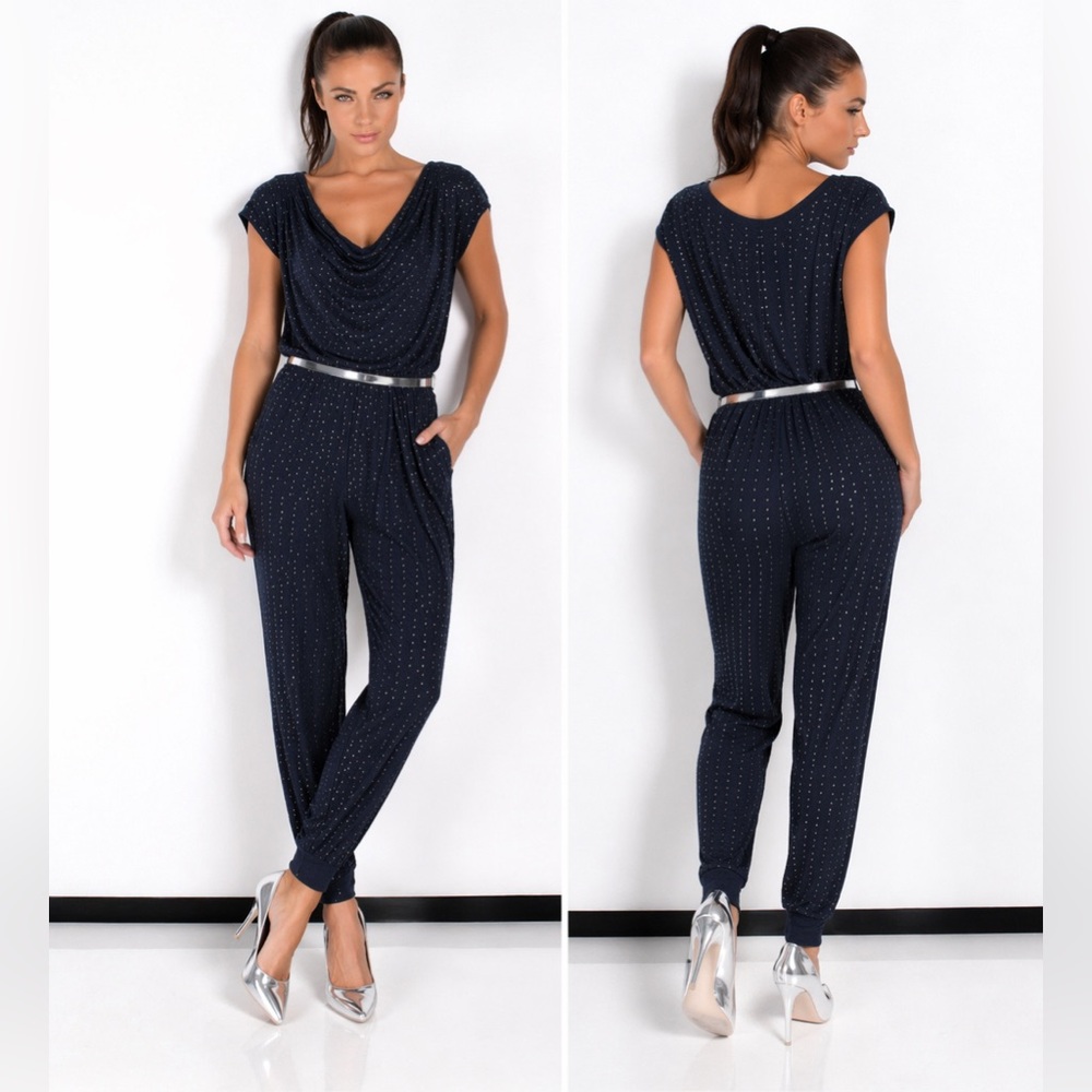 Grayse Jumpsuit Diamond Pave Cowl Neck Navy Stud Large CottageCore Y2K Glam